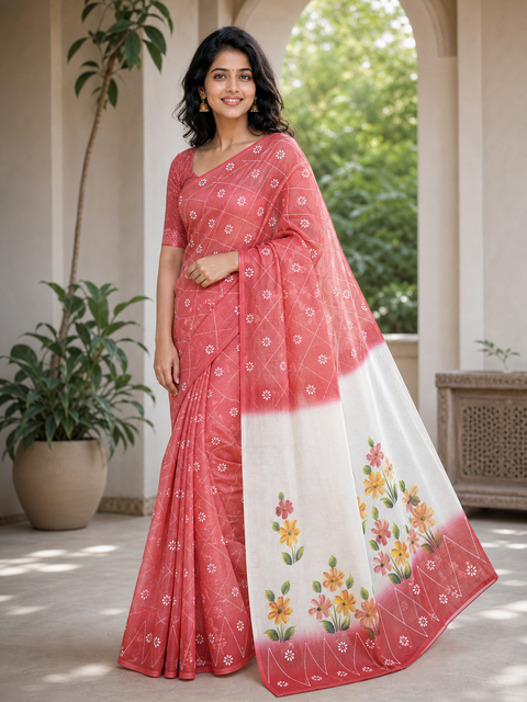 Kota Cotton Hand Painted Saree - Red Color
