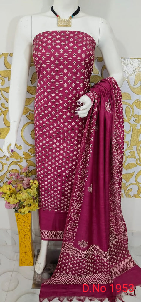 Katan Staple Dress Material with Rubber Print Design - Magenta-Red Color