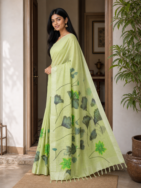 Hand Painted Kota Linen Saree - Pista Green Color