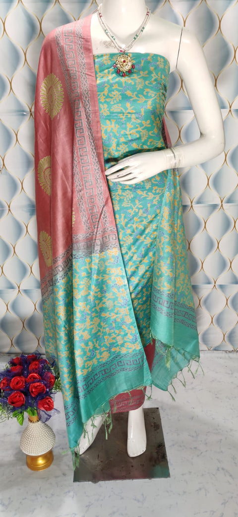 Cotton Silk Blend Dress Material with Printed Design - Pastel Blue color