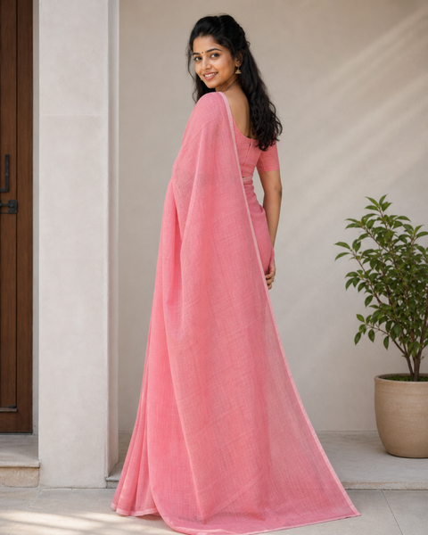 Kota Cotton Plain Saree - Light Peach
