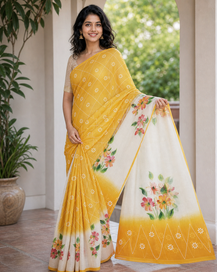 Kota Cotton Hand Painted Saree - Light Orange Color