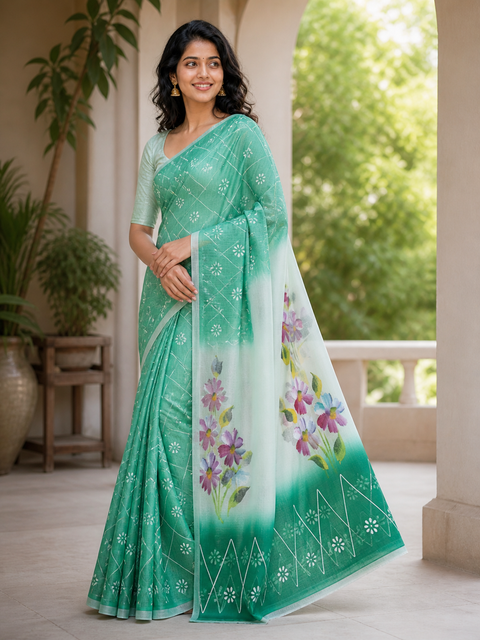 Kota Cotton Hand Painted Saree - Sea Green Color