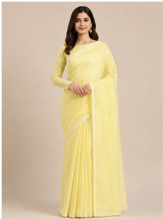 Kota Cotton Plain Saree - Light Yellow