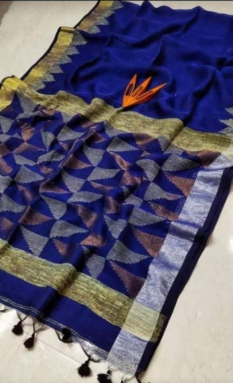Linen Jamdani Saree with Matching Blouse Piece - Blue Color
