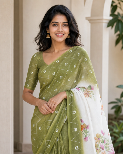 Kota Cotton Hand Painted Saree - Olive Green Color