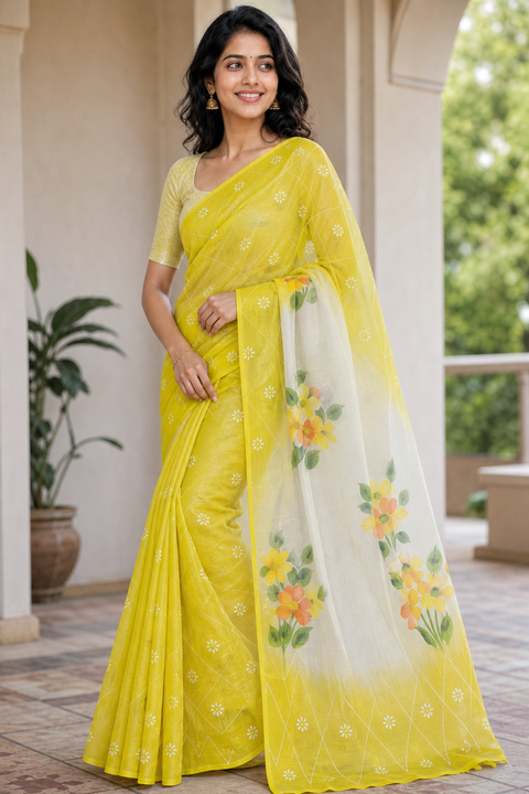 Kota Cotton Hand Painted Saree - Yellow Color