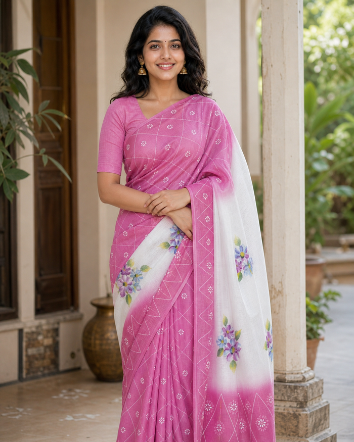 Kota Cotton Hand Painted Saree - Pink Color