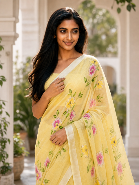 Kota Linen Hand Painted Saree - Yellow Color