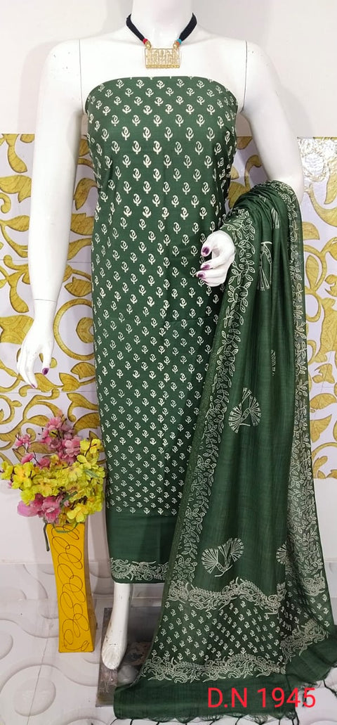 Katan Dress Material With Rubber Print - Green Color