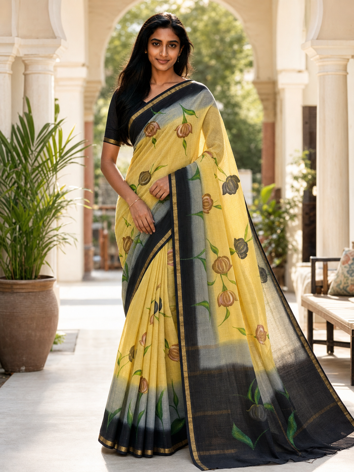 Pure Cotton Kota Doria Hand Painted Saree - Yellow & Black Color
