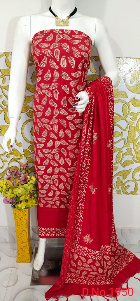 Rubber Printed Katan Staple Dress Material - Red Color