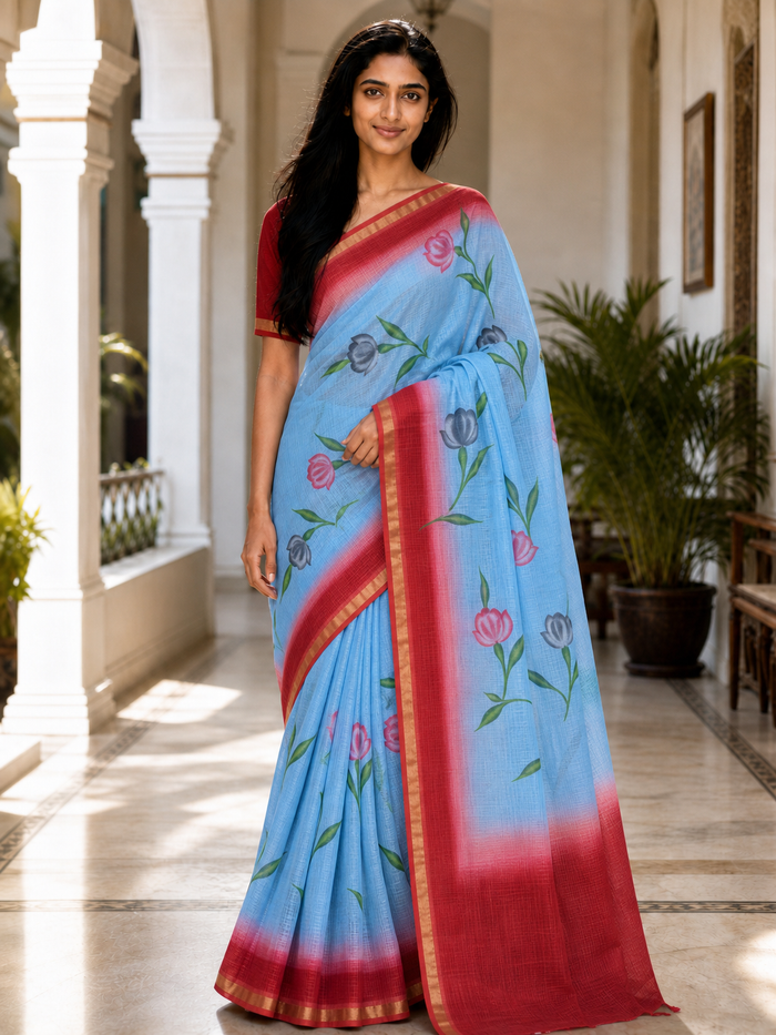 Pure Cotton Kota Doria Hand Painted Saree - Blue & Red Color