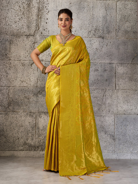 Mustard Yellow Kanjivaram Silk Blend Woven Design Saree with Running Blouse Piece