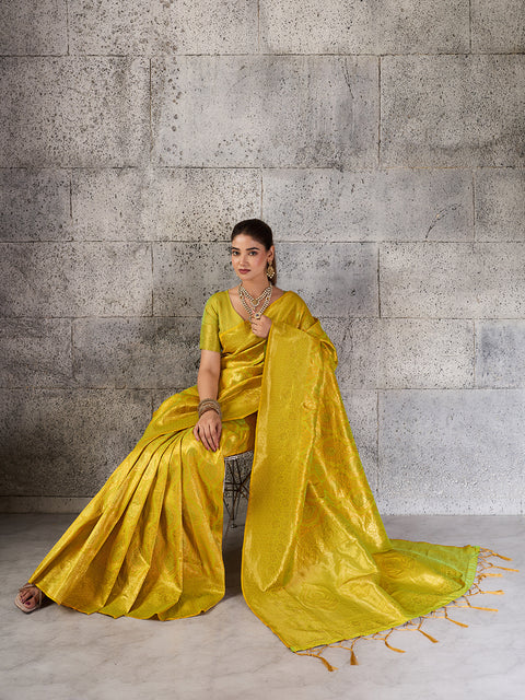 Mustard Yellow Kanjivaram Silk Blend Woven Design Saree with Running Blouse Piece
