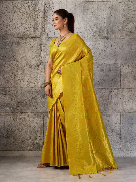 Mustard Yellow Kanjivaram Silk Blend Woven Design Saree with Running Blouse Piece