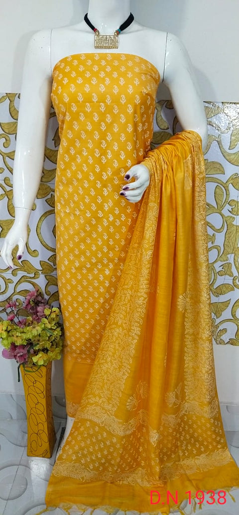 Katan Dress Material With Rubber Print - Yellow Color