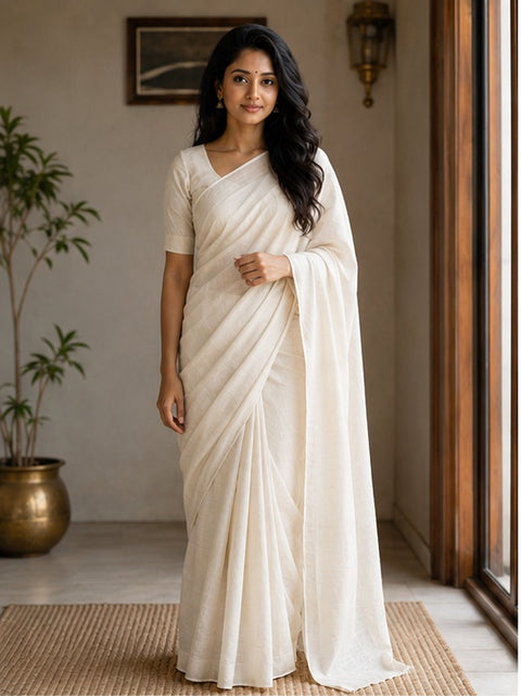 Kota Cotton Plain Saree - Off White Color