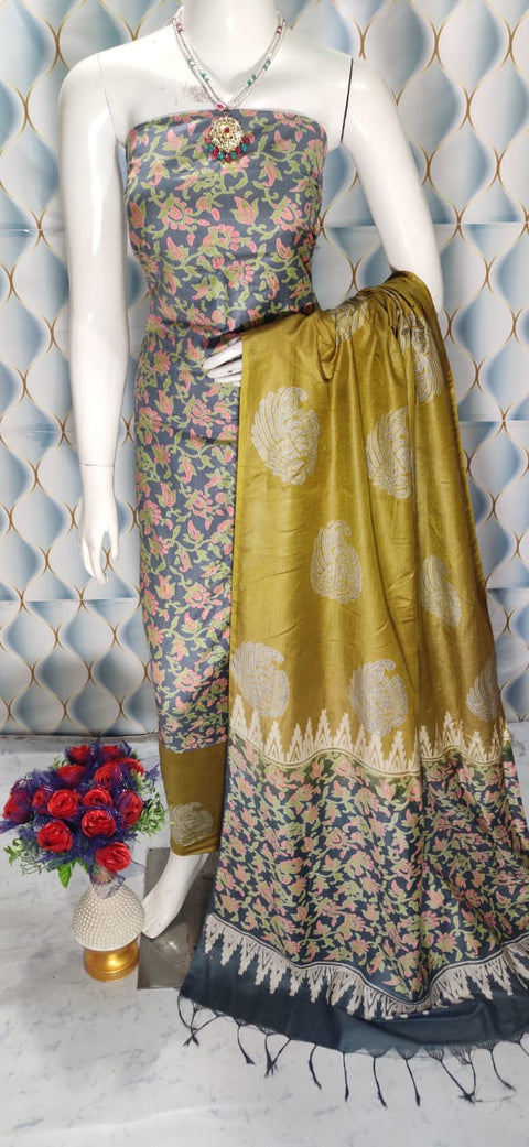 Cotton Silk Blend Dress Material with Printed Design - Blue & Pink color