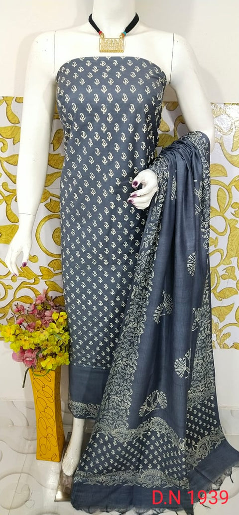 Katan Dress Material With Rubber Print - Bluish Grey Color