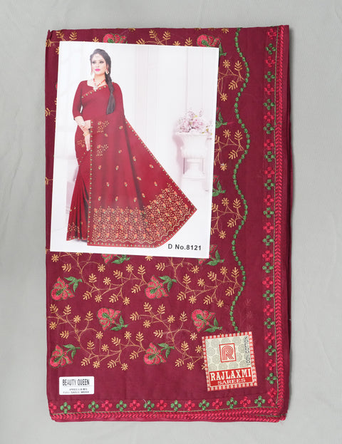 Beauty Queen Pure Cotton Embroidered Saree - Maroon Color