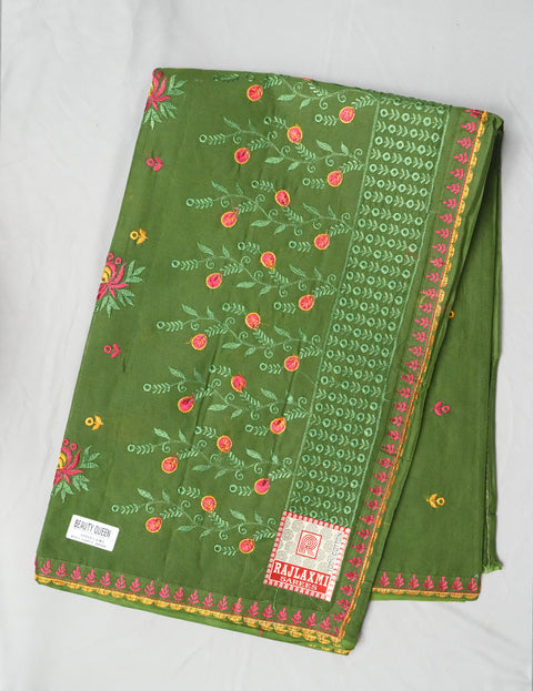 Beauty Queen Pure Cotton Embroidered Saree - Green Color