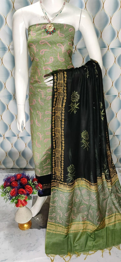 Cotton Silk Blend Dress Material with Printed Design - Pastel Green color