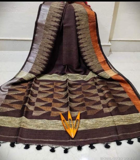 Linen Jamdani Saree with Matching Blouse Piece - Brown Color