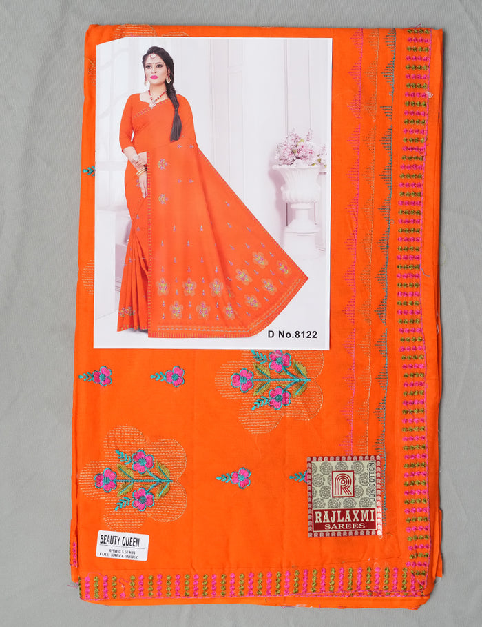 Beauty Queen Pure Cotton Embroidered Saree - Orange Color