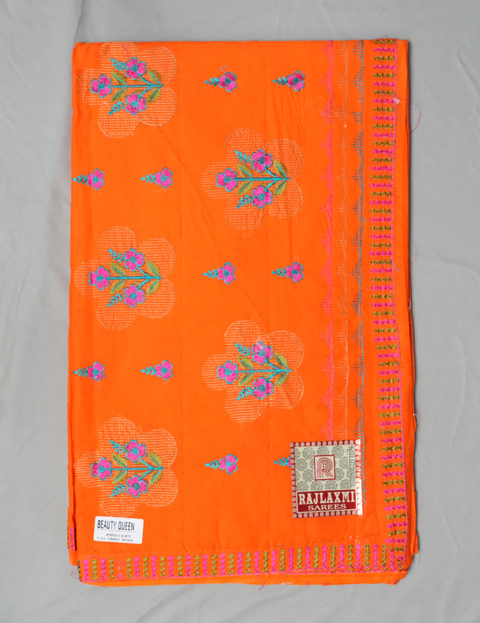 Beauty Queen Pure Cotton Embroidered Saree - Orange Color