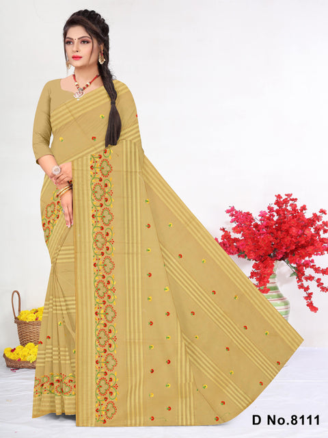 Akshita Pure Cotton Embroidered Saree -Beige Color