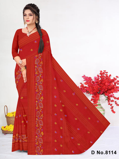 Akshita Pure Cotton Embroidered Saree - Red Color