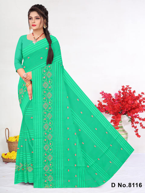 Akshita Pure Cotton Embroidered Saree - Green Color