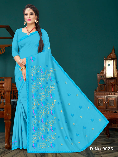 Sugandha Pure Cotton Embroidered Saree - Blue Color