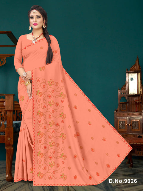 Sugandha Pure Cotton Embroidered Saree - Peach Color