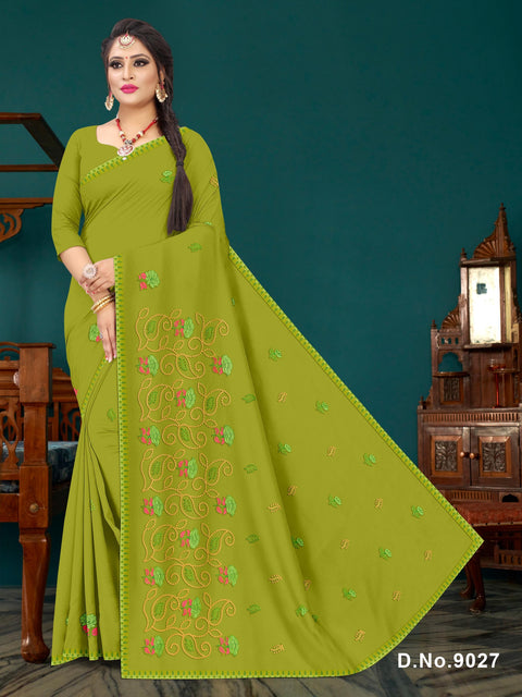Sugandha Pure Cotton Embroidered Saree - Olive Green Color