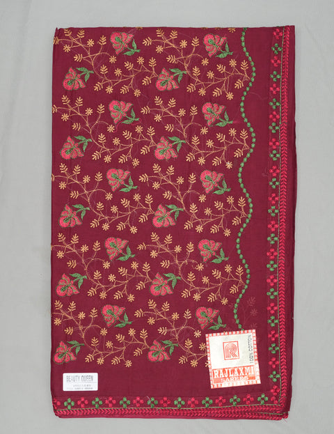 Beauty Queen Pure Cotton Embroidered Saree - Maroon Color