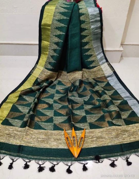 Linen Jamdani Saree with Matching Blouse Piece - Green Color
