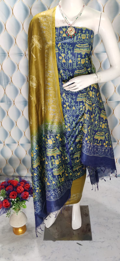 Cotton Silk Blend Dress Material with Printed Design - Royal Blue color
