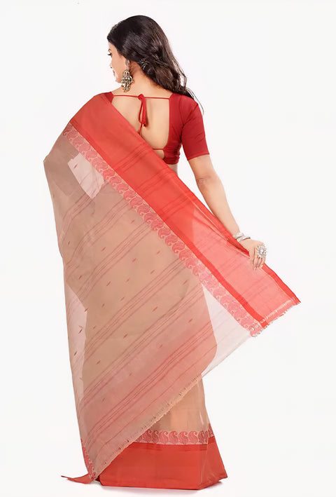 Bengal Cotton Tant Saree Without Blouse Piece - Red Color