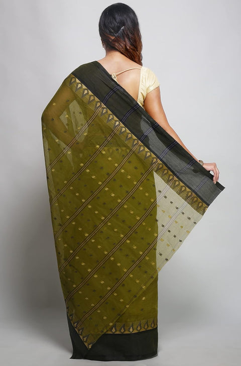 Bengal Cotton Tant Saree Without Blouse Piece - Olive Colour
