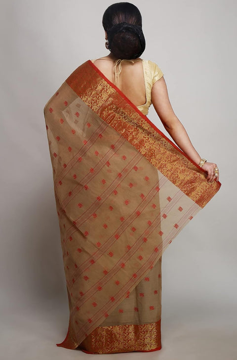 Bengal Cotton Tant Saree Without Blouse Piece - Brown Colour