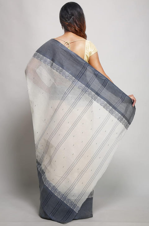Cotton Bengal Tant Saree Without Blouse Piece - White Color