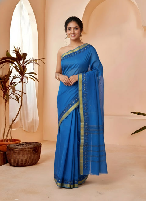 Cotton Bengal Tant Saree Without Blouse Piece - Blue Colour