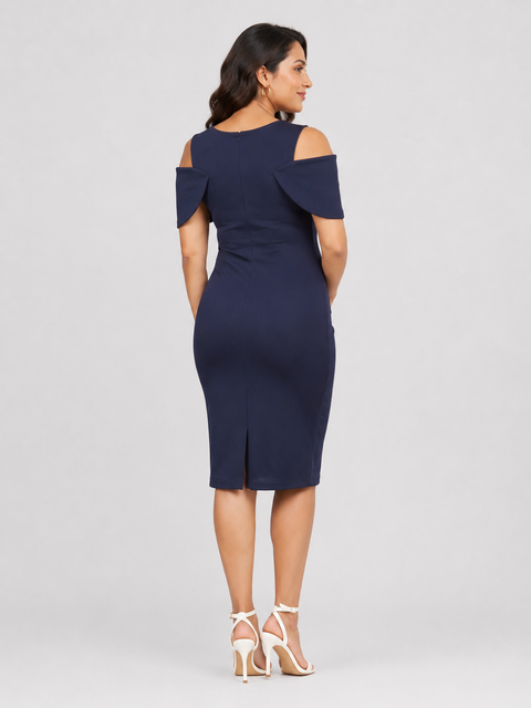 Navy Blue 4-Way Poly Lycra Cold-Shoulder Maternity Short Midi Dress