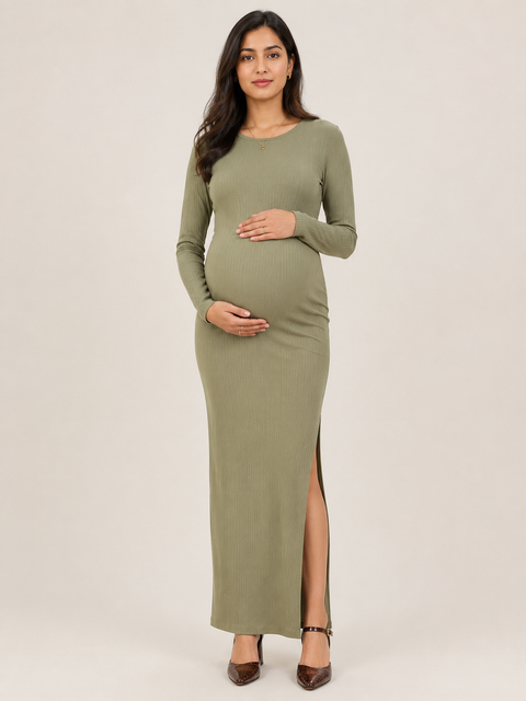 Olive Green 4-Way Poly Lycra Ribbed Maternity Long Midi Dress
