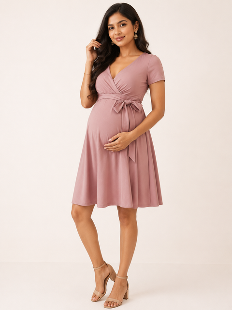 Dusty Pink 4-Way Poly Lycra Maternity Knee-Length Wrap Dress