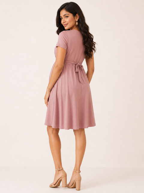 Dusty Pink 4-Way Poly Lycra Maternity Knee-Length Wrap Dress