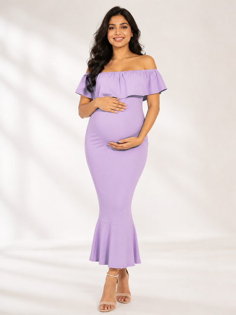 Lavender 4-Way Poly Lycra Off-Shoulder Maternity Long Midi Dress