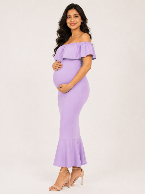 Lavender 4-Way Poly Lycra Off-Shoulder Maternity Long Midi Dress